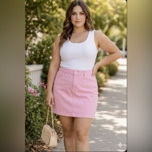 L.L. Bean Vintage Pink Denim Mini Skirt – Size 16 Reg – High Waist Back Slit